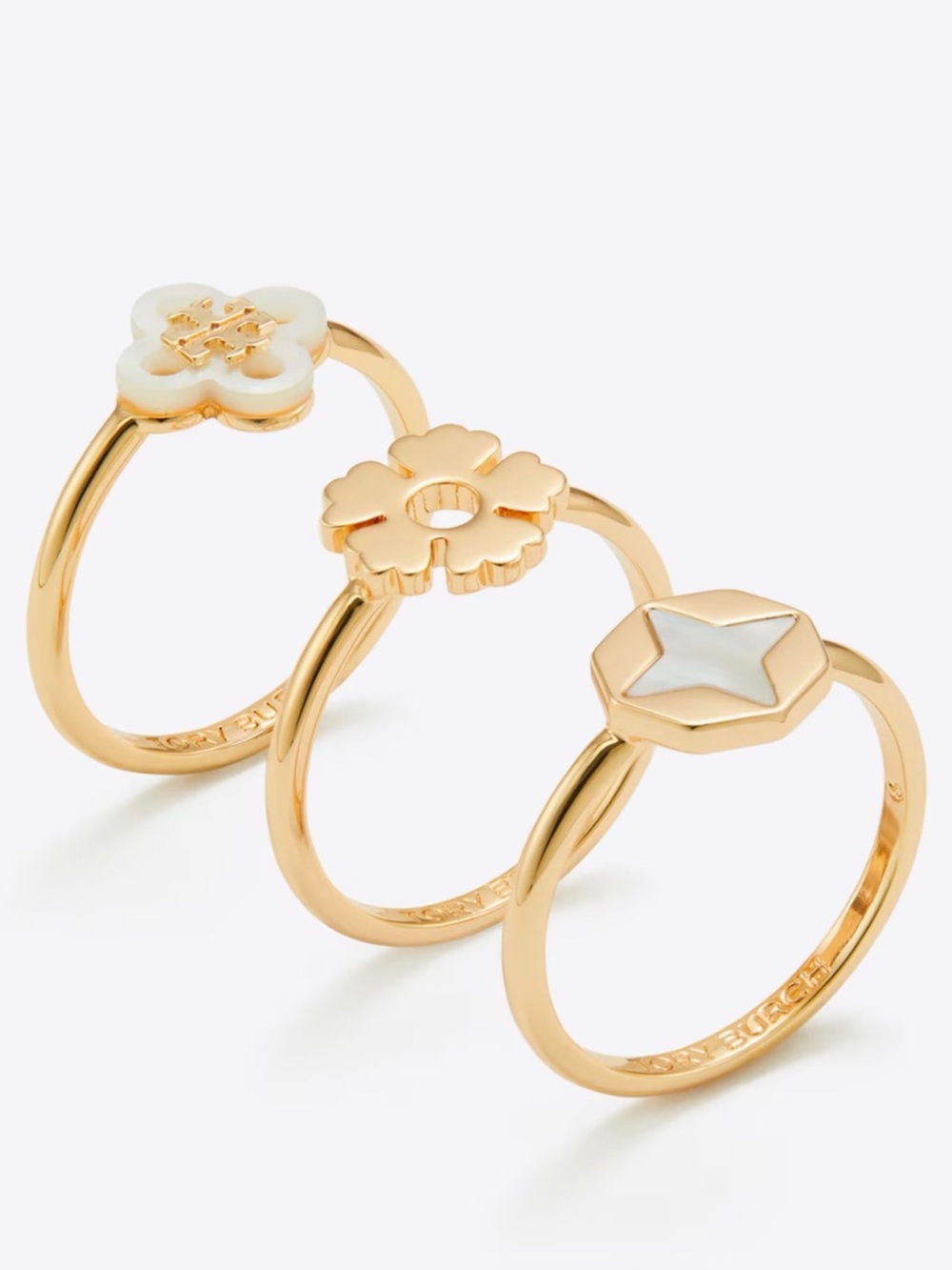 Tory Burch Gold-Tone Stackable Flower & Star Mother-of-Pearl Ring Set Sz 8*